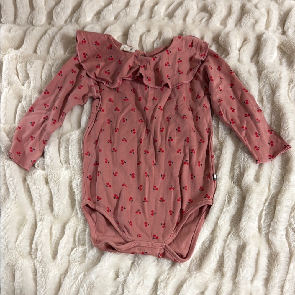 Long-Sleeve Cherry Print Ruffle Collar One-Piece - Pink NWOT